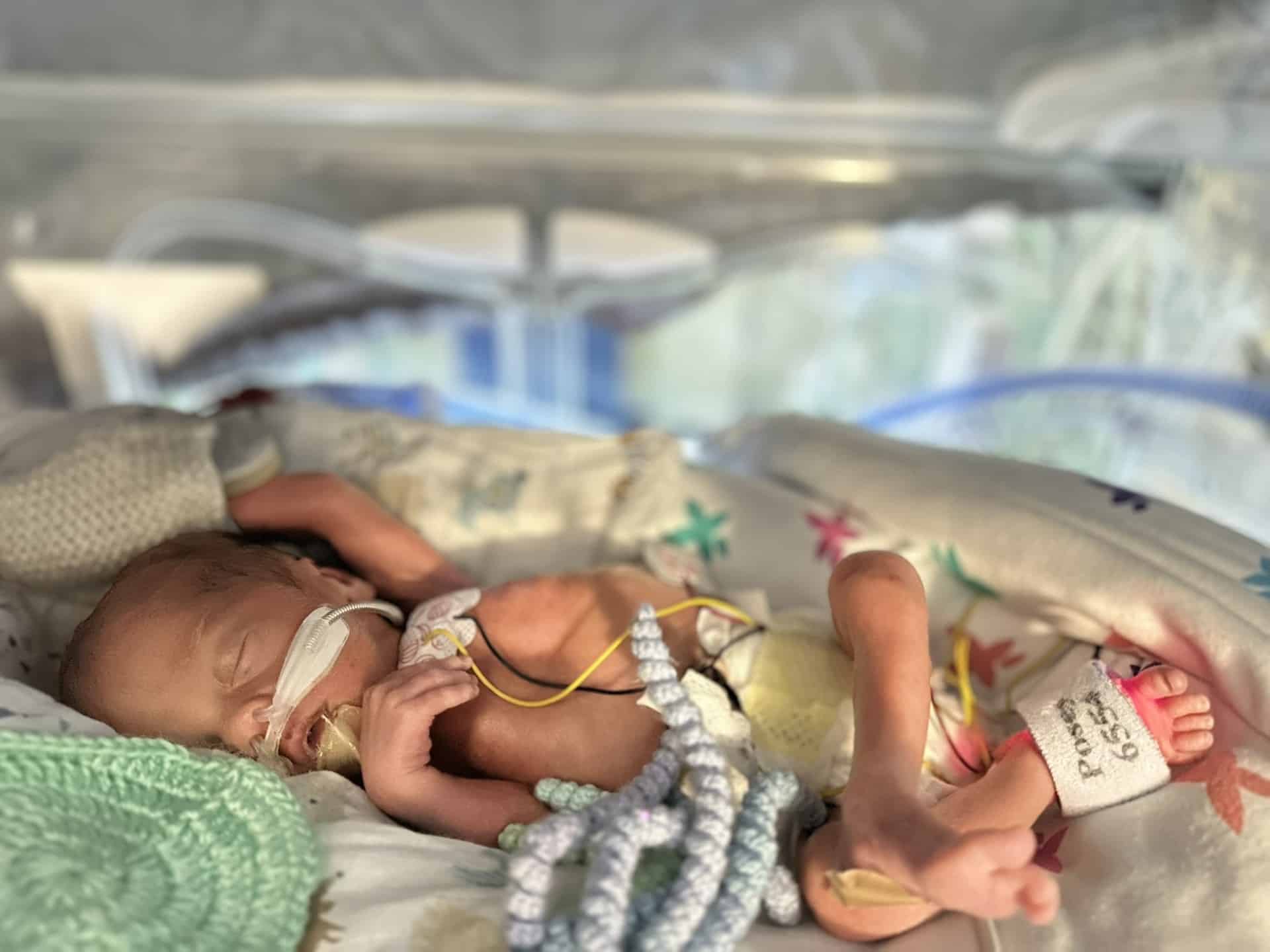 A young baby inside a incubator cot